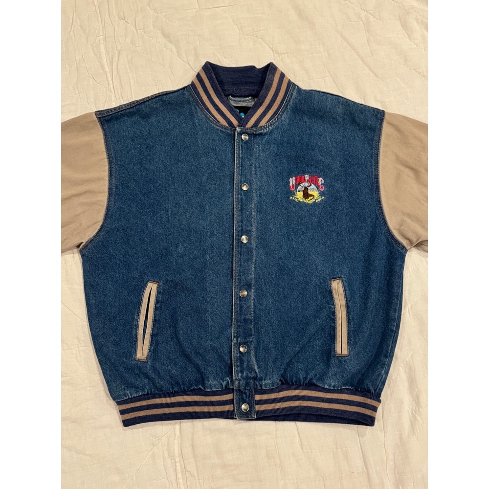 Tri-Mountain Union‎ Pacific Railroad Denim Varsity Jacket Blue Tan Mens XL